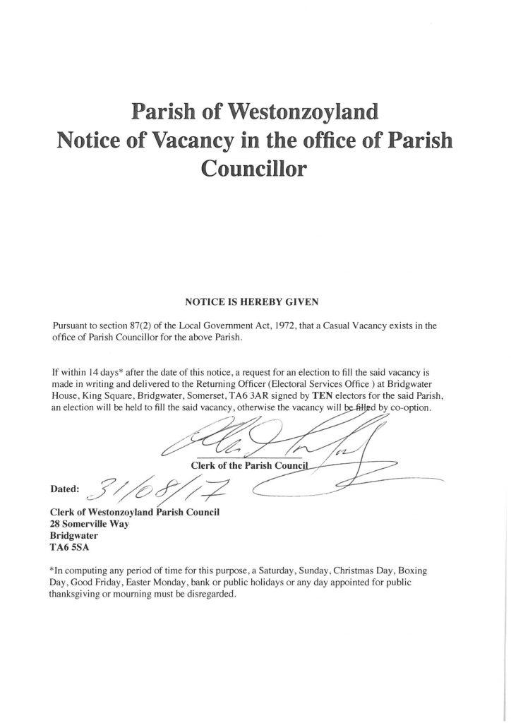 Vacany Notice for Parish Councillor
